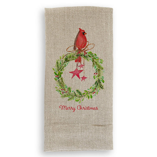 Cardinal Sitting On Wreath with Stars: Dishtowel / -