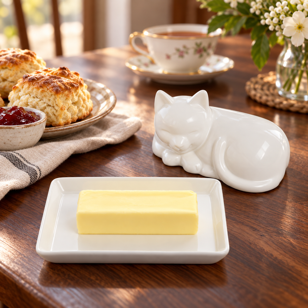Porcelain Cat Butter Dish with Lid