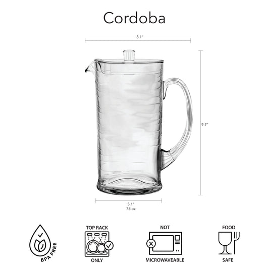 Cordoba Clear Pitcher w/ Lid Shatterproof Premium Plastic: Clear