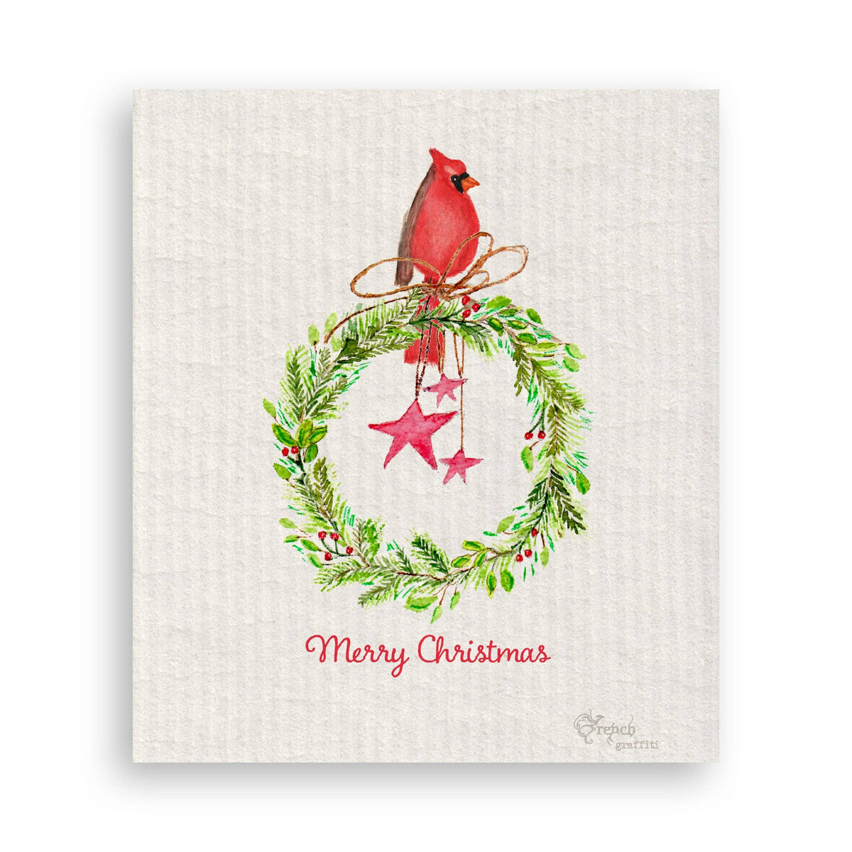 Cardinal Sitting On Wreath with Stars: Dishtowel / -