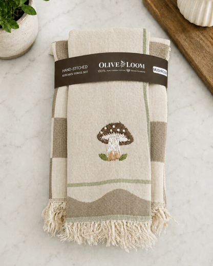 Mushroom - Hand-Stitched Kitchen Tea Towel Set