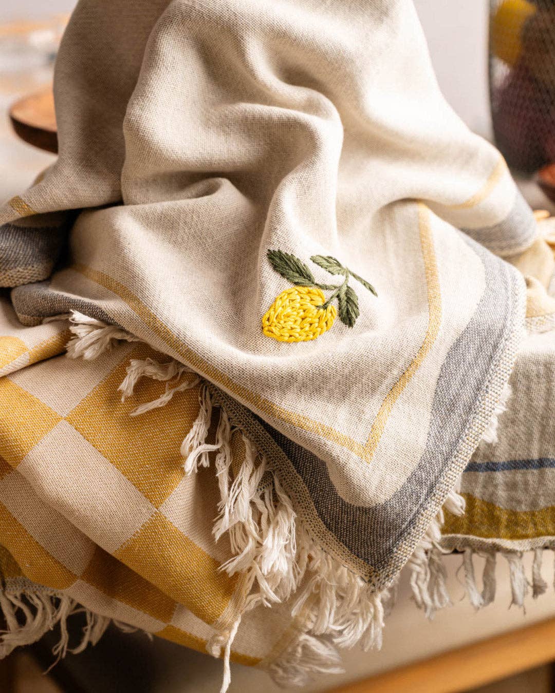 Lemon Hand-Stitched  Tea Towel Set