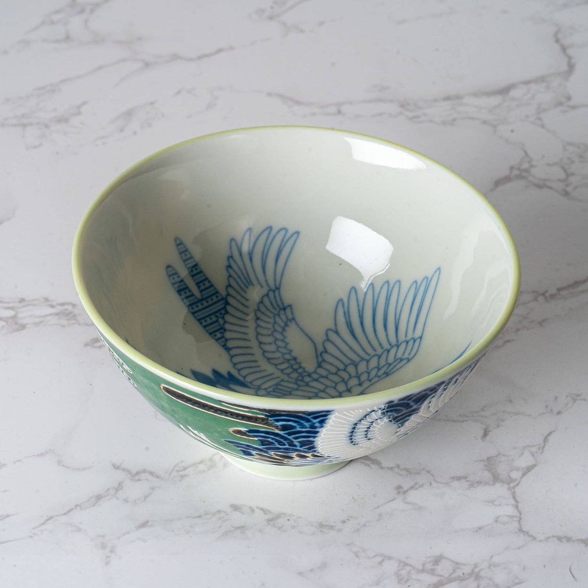 Japanese Crane Green Porcelain Rice Bowl – 4.5 in. Round, 10 oz JP