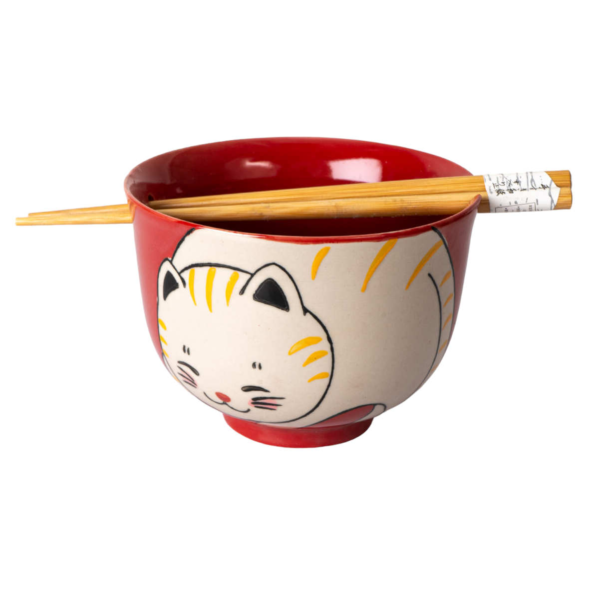 Ceramic Donburi Bowl & Chopsticks Gift Set – Chubby Cat Red, 18 oz