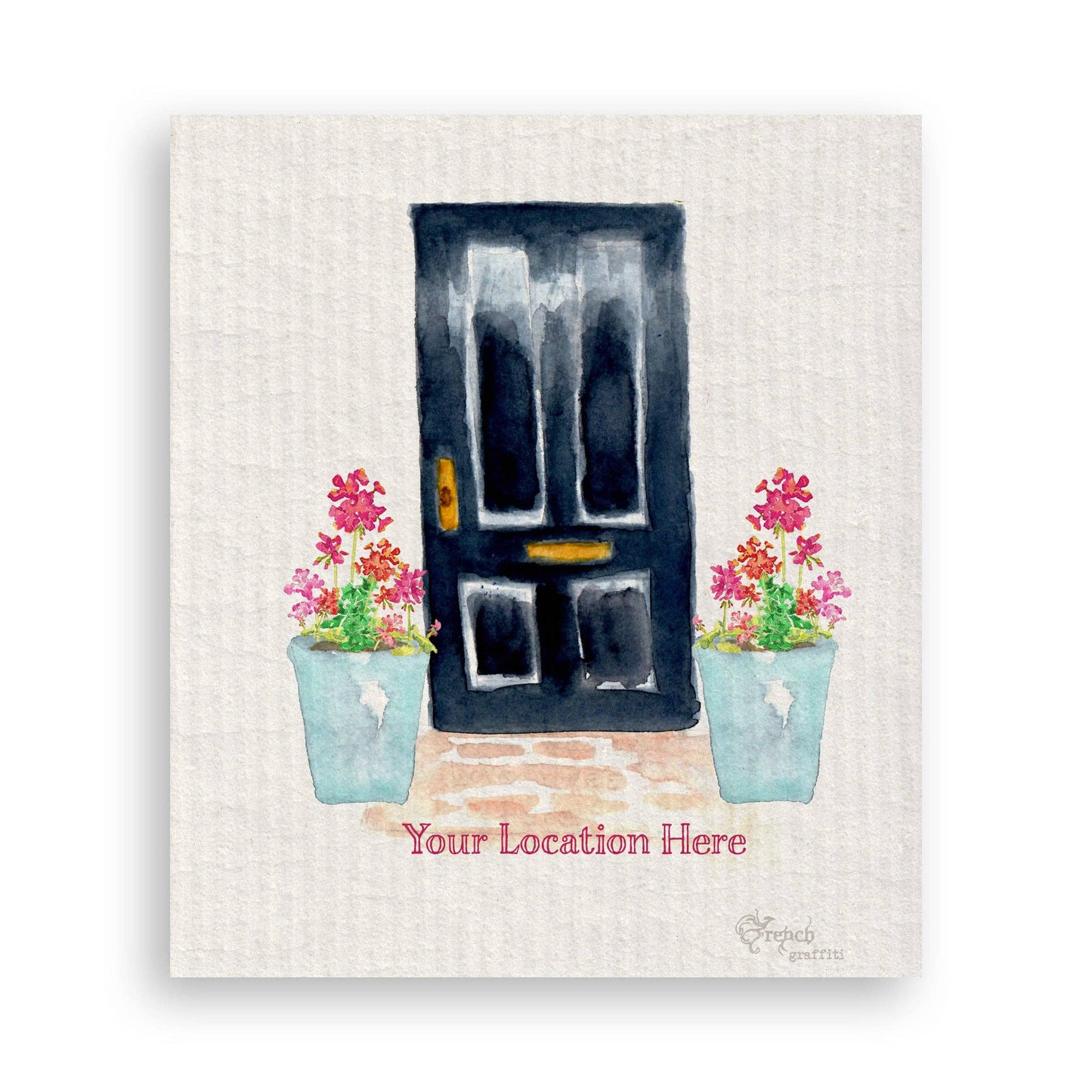 Black Door with Geraniums and Location: Dishtowel / -