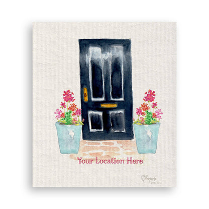 Black Door with Geraniums and Location: Dishtowel / -