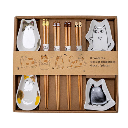 4 Pair Cute Cats Wooden Chopsticks and Sauce Dish Gift Set (1/20)