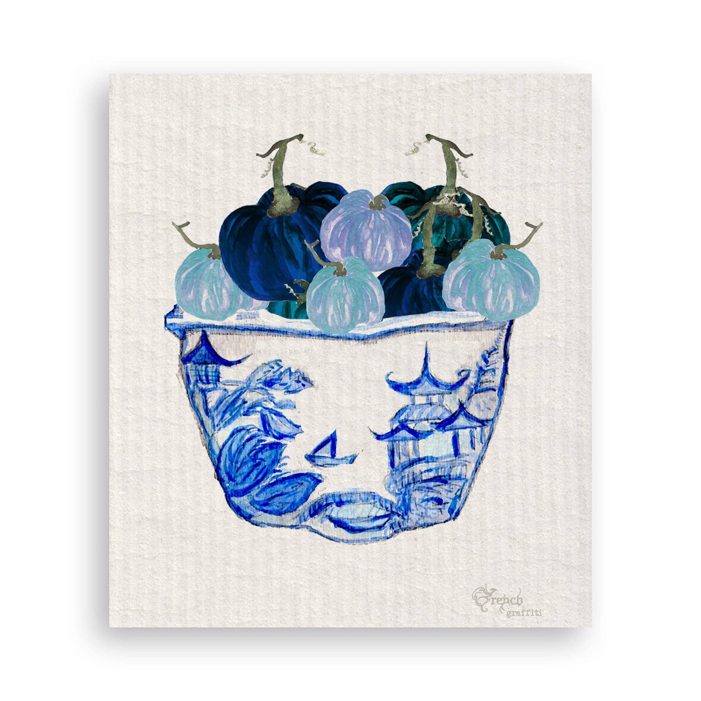 Blue & White Pot with Blue Pumpkins: Dishtowel / -