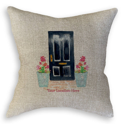 Black Door with Geraniums and Location: Dishtowel / -