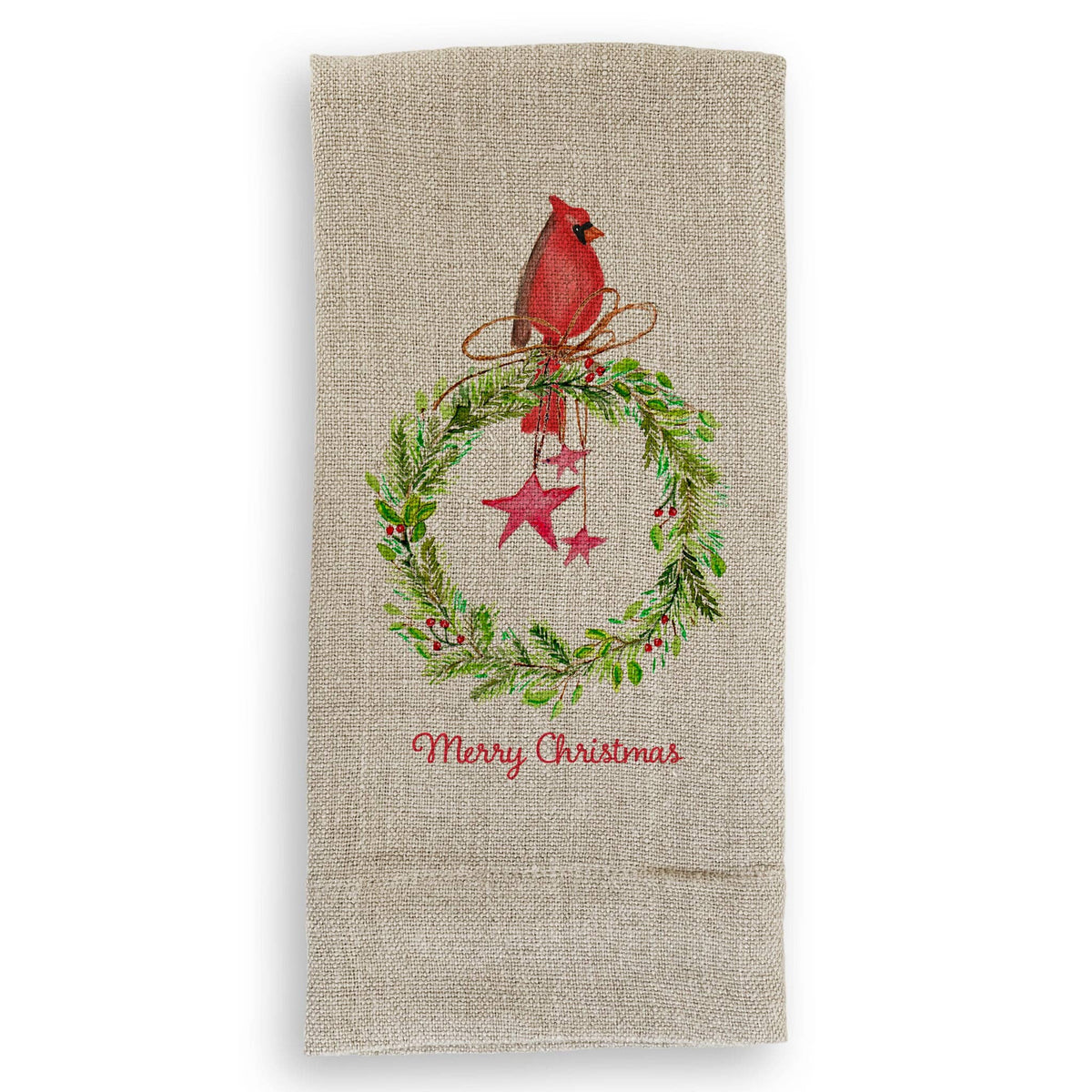 Cardinal Sitting On Wreath with Stars: Dishtowel / -