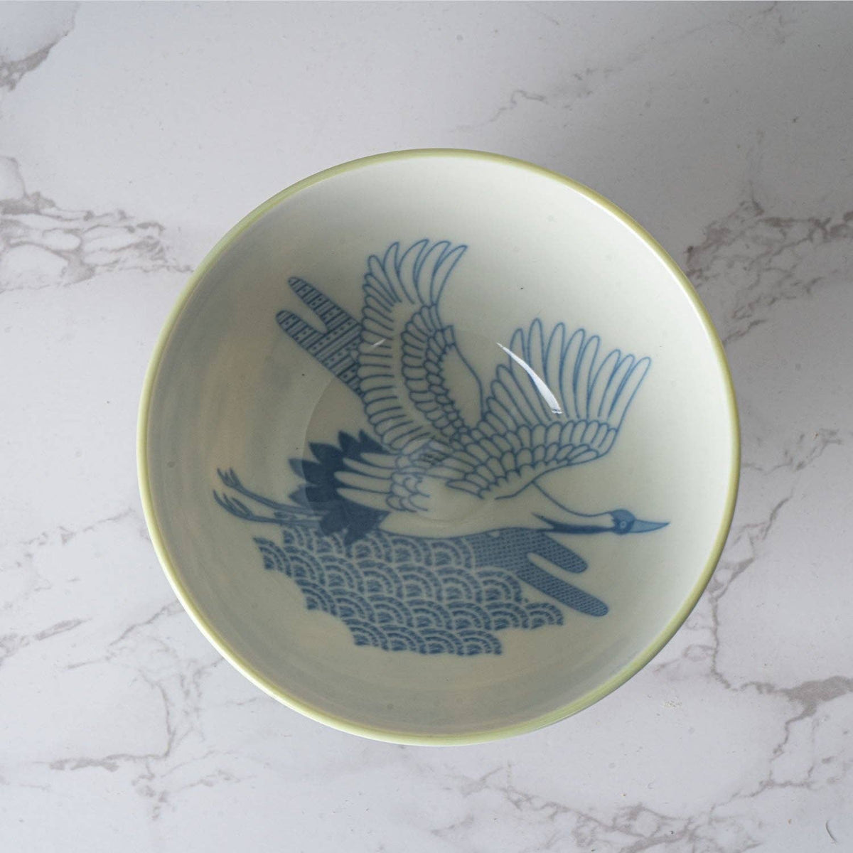 Japanese Crane Green Porcelain Rice Bowl – 4.5 in. Round, 10 oz JP