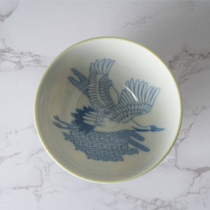 Japanese Crane Green Porcelain Rice Bowl – 4.5 in. Round, 10 oz JP