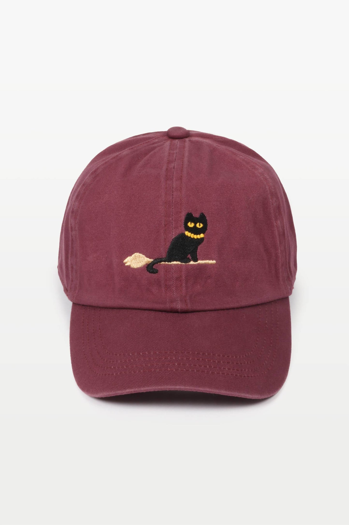 Halloween Black Cat Embroidery Cotton Baseball Cap: Plum/Maroon