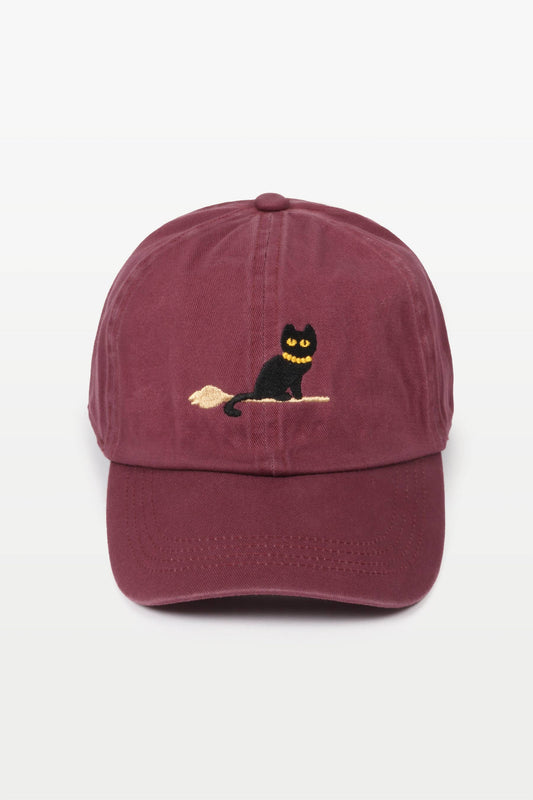 Halloween Black Cat Embroidery Cotton Baseball Cap: Plum/Maroon
