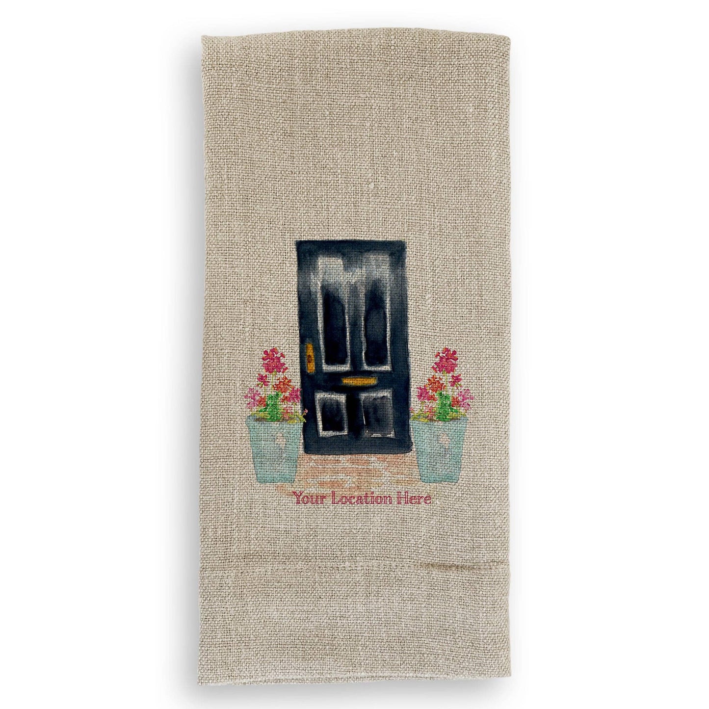 Black Door with Geraniums and Location: Dishtowel / -