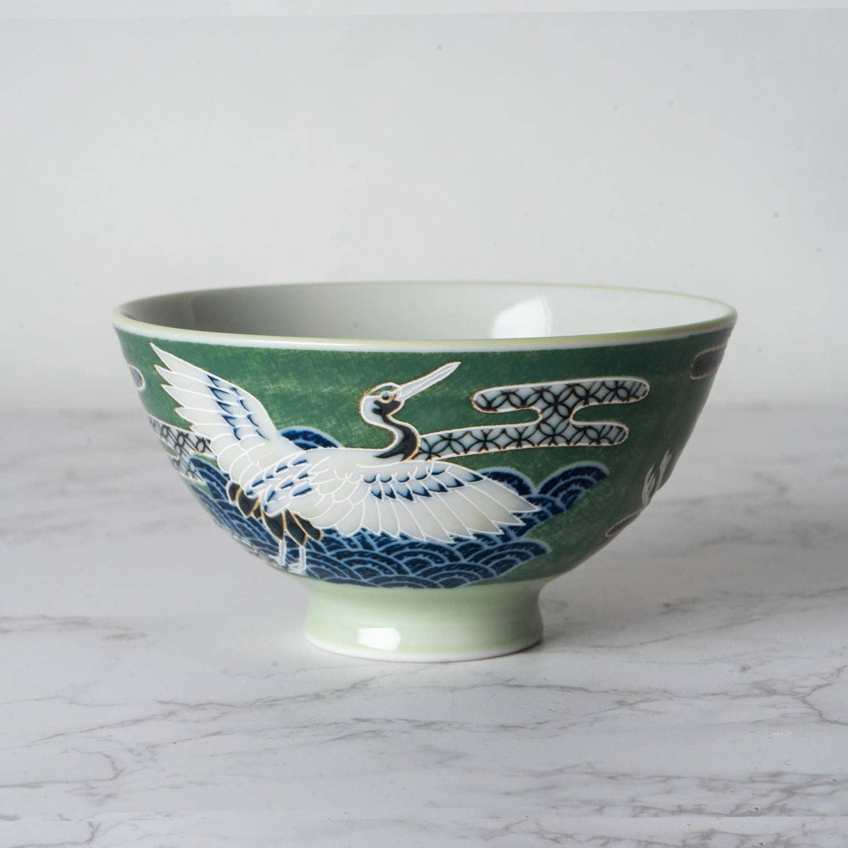 Japanese Crane Green Porcelain Rice Bowl – 4.5 in. Round, 10 oz JP