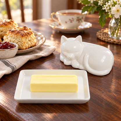 Porcelain Cat Butter Dish with Lid