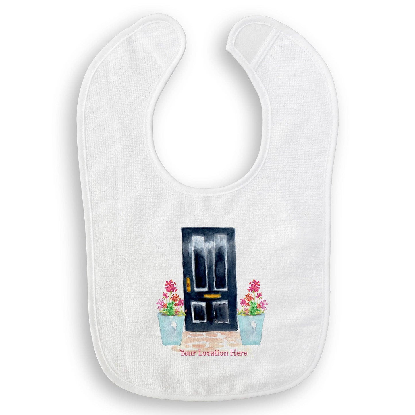 Black Door with Geraniums and Location: Dishtowel / -