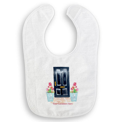 Black Door with Geraniums and Location: Dishtowel / -