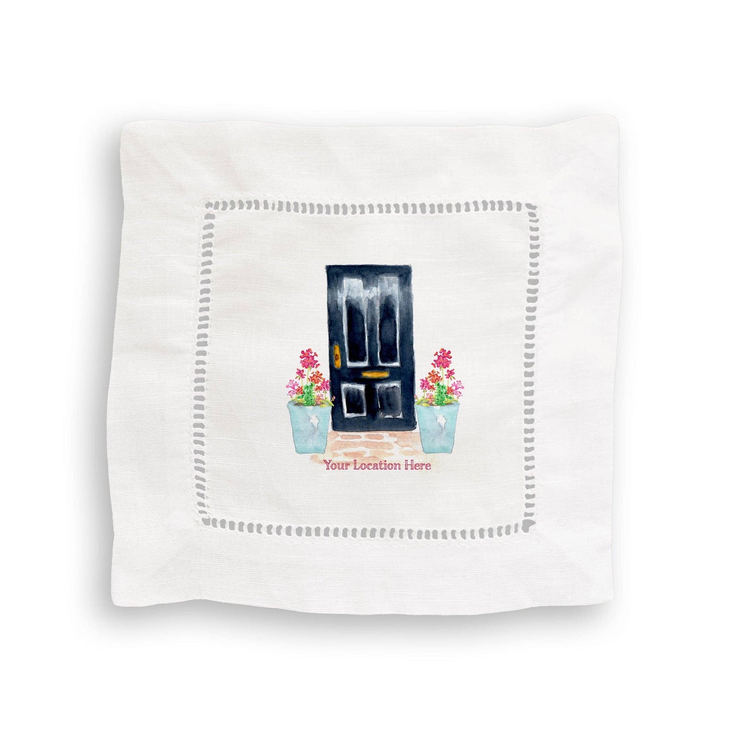 Black Door with Geraniums and Location: Dishtowel / -