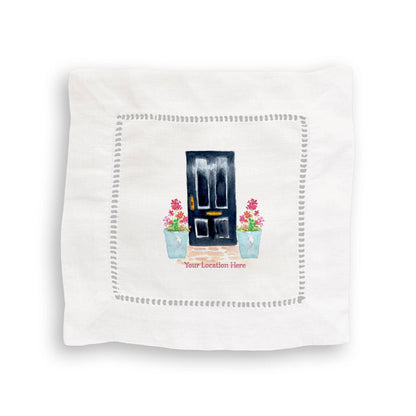 Black Door with Geraniums and Location: Dishtowel / -