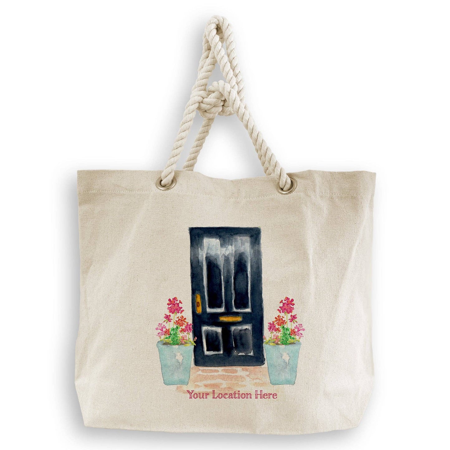 Black Door with Geraniums and Location: Dishtowel / -
