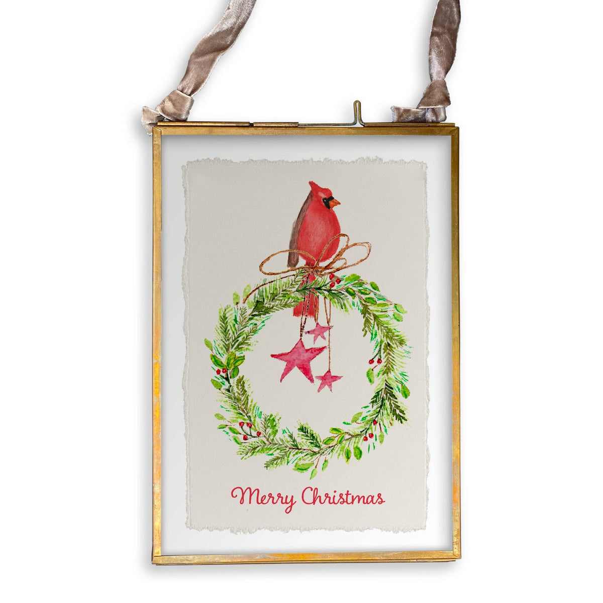 Cardinal Sitting On Wreath with Stars: Dishtowel / -