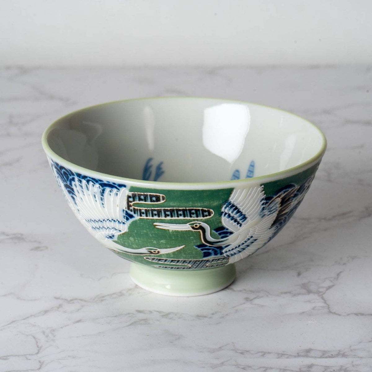 Japanese Crane Green Porcelain Rice Bowl – 4.5 in. Round, 10 oz JP