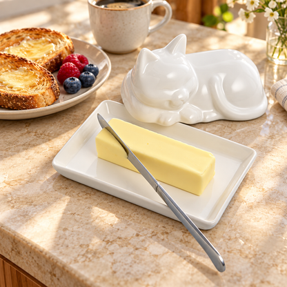 Porcelain Cat Butter Dish with Lid