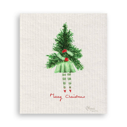 Lady with Christmas Tree: Dishtowel / Keep Words / -