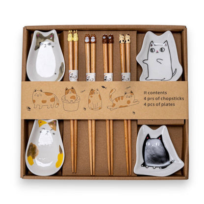4 Pair Cute Cats Wooden Chopsticks and Sauce Dish Gift Set (1/20)