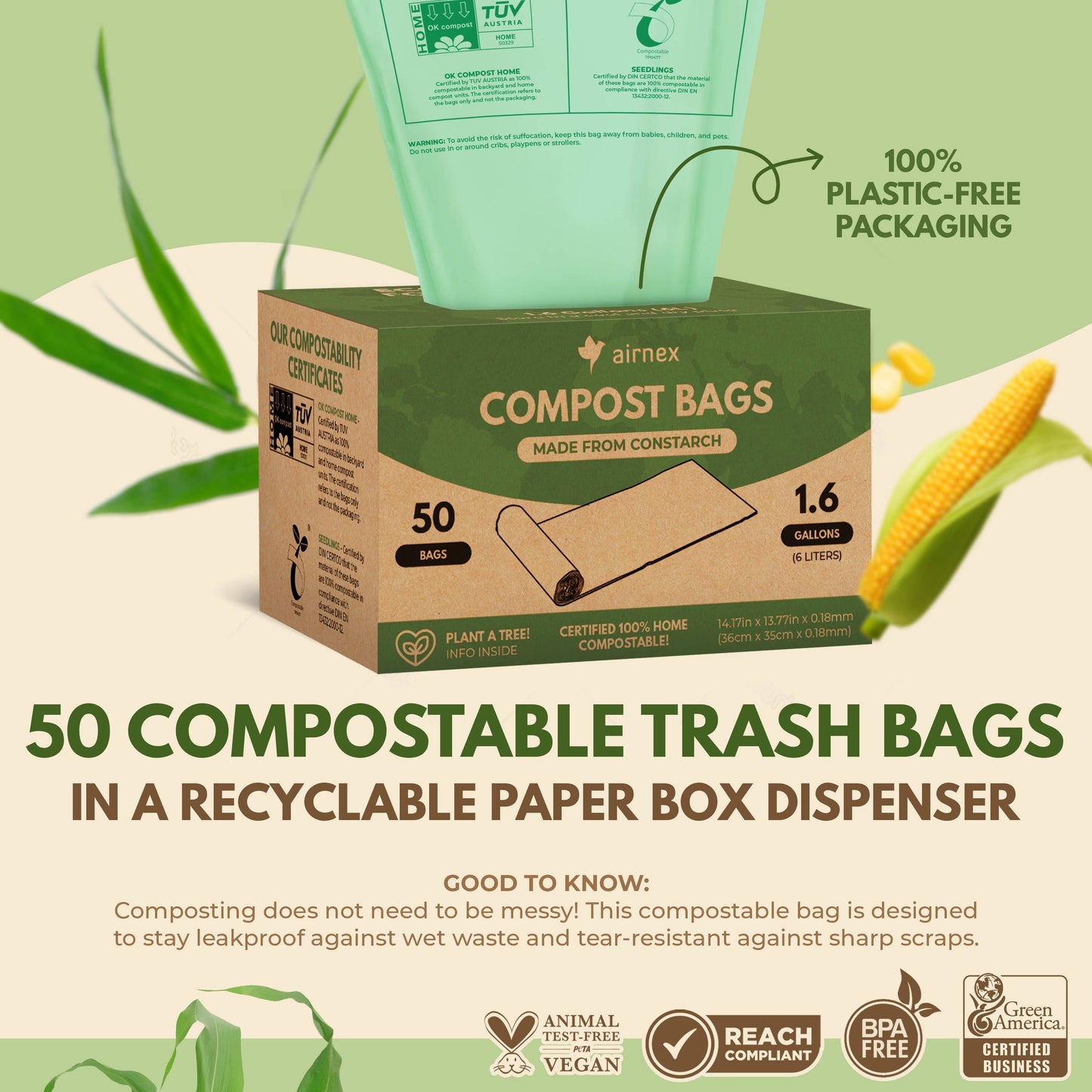 Compostable Trash Bags 1.6 Gal - Roll of 50 Compost Bin Bags