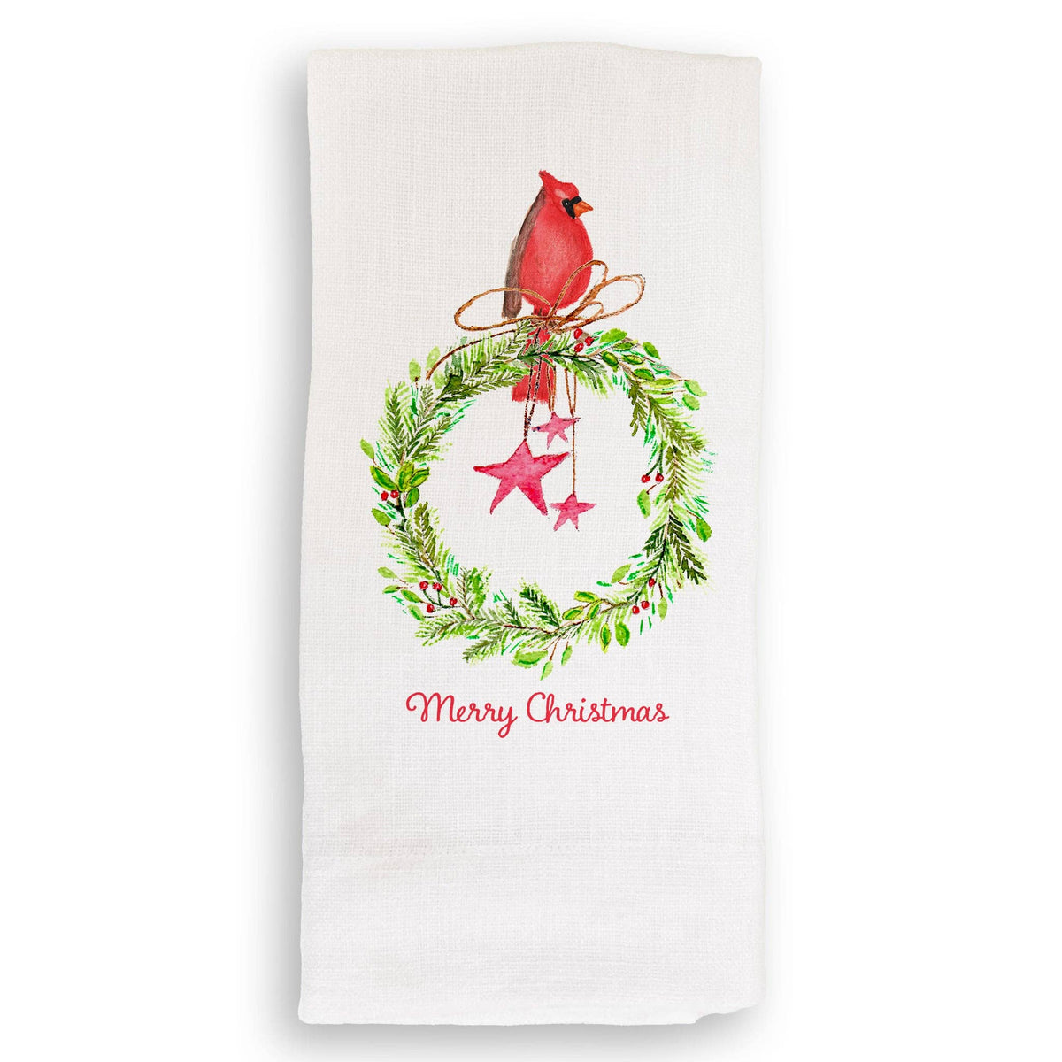 Cardinal Sitting On Wreath with Stars: Dishtowel / -