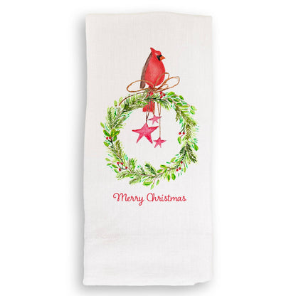 Cardinal Sitting On Wreath with Stars: Dishtowel / -