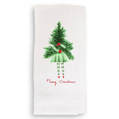Lady with Christmas Tree: Dishtowel / Keep Words / -