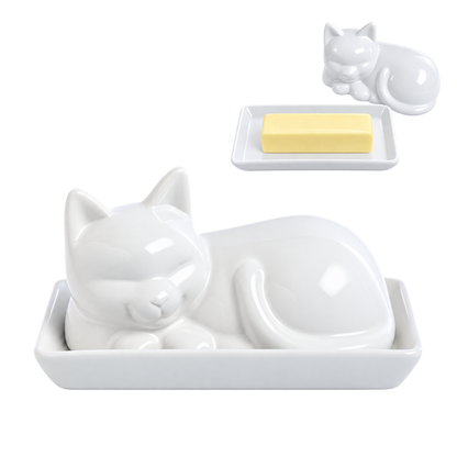 Porcelain Cat Butter Dish with Lid