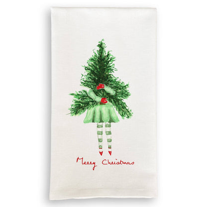 Lady with Christmas Tree: Dishtowel / Keep Words / -