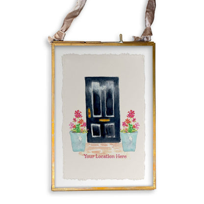 Black Door with Geraniums and Location: Dishtowel / -