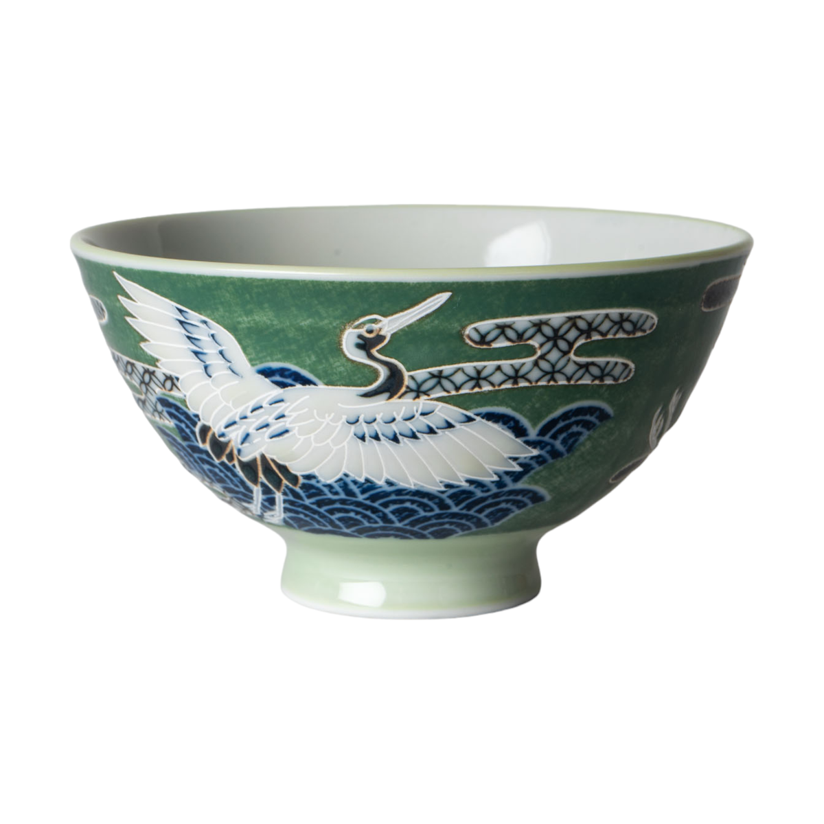Japanese Crane Green Porcelain Rice Bowl – 4.5 in. Round, 10 oz JP