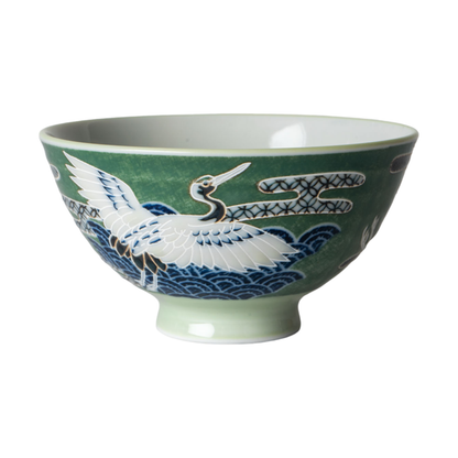 Japanese Crane Green Porcelain Rice Bowl – 4.5 in. Round, 10 oz JP