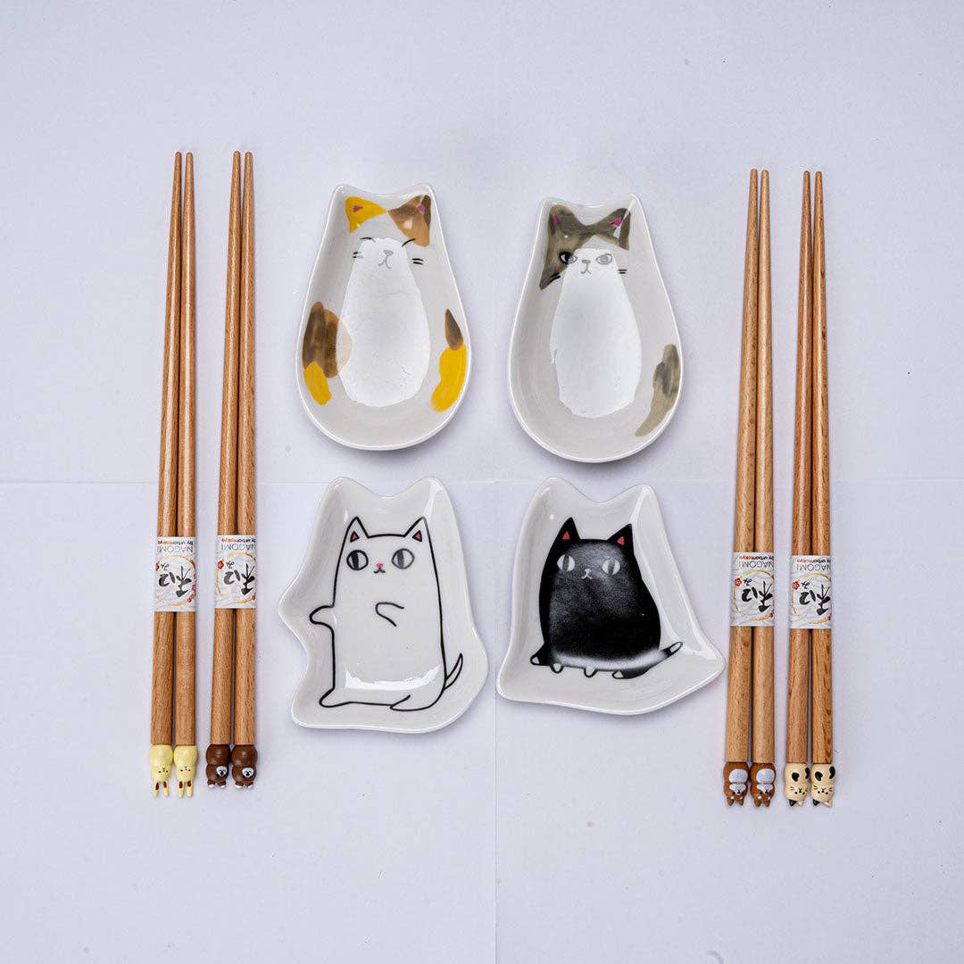 4 Pair Cute Cats Wooden Chopsticks and Sauce Dish Gift Set (1/20)