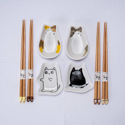 4 Pair Cute Cats Wooden Chopsticks and Sauce Dish Gift Set (1/20)