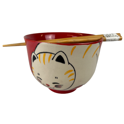 Ceramic Donburi Bowl & Chopsticks Gift Set – Chubby Cat Red, 18 oz