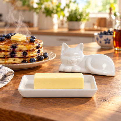 Porcelain Cat Butter Dish with Lid