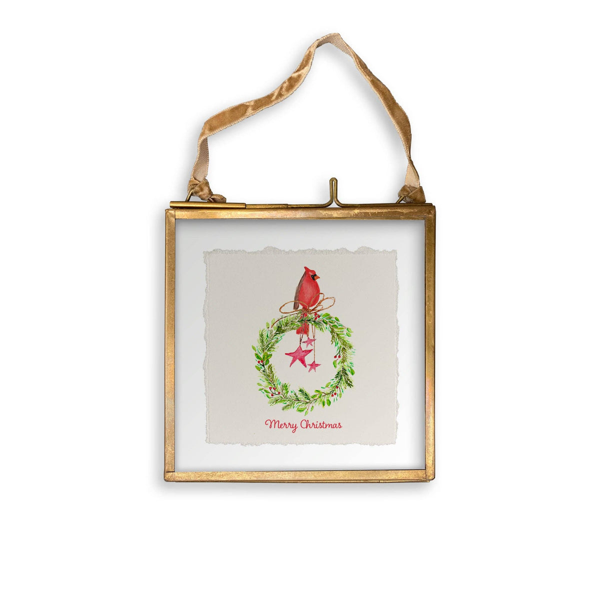 Cardinal Sitting On Wreath with Stars: Dishtowel / -