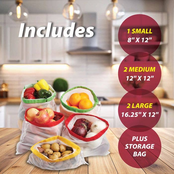 HIC Kitchen Reusable Mesh Produce Bags,  Set Of 5