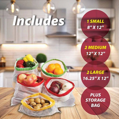 HIC Kitchen Reusable Mesh Produce Bags,  Set Of 5