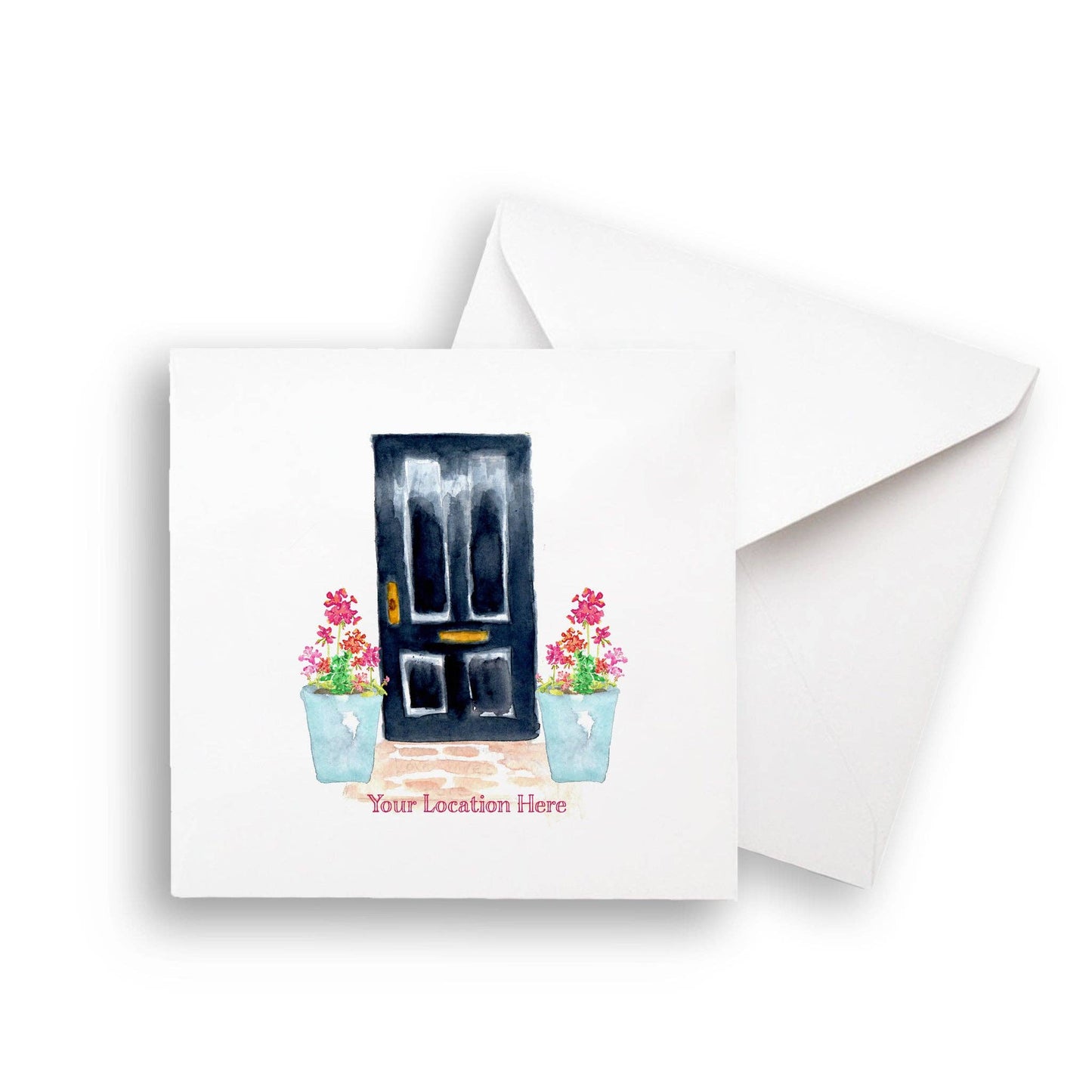 Black Door with Geraniums and Location: Dishtowel / -