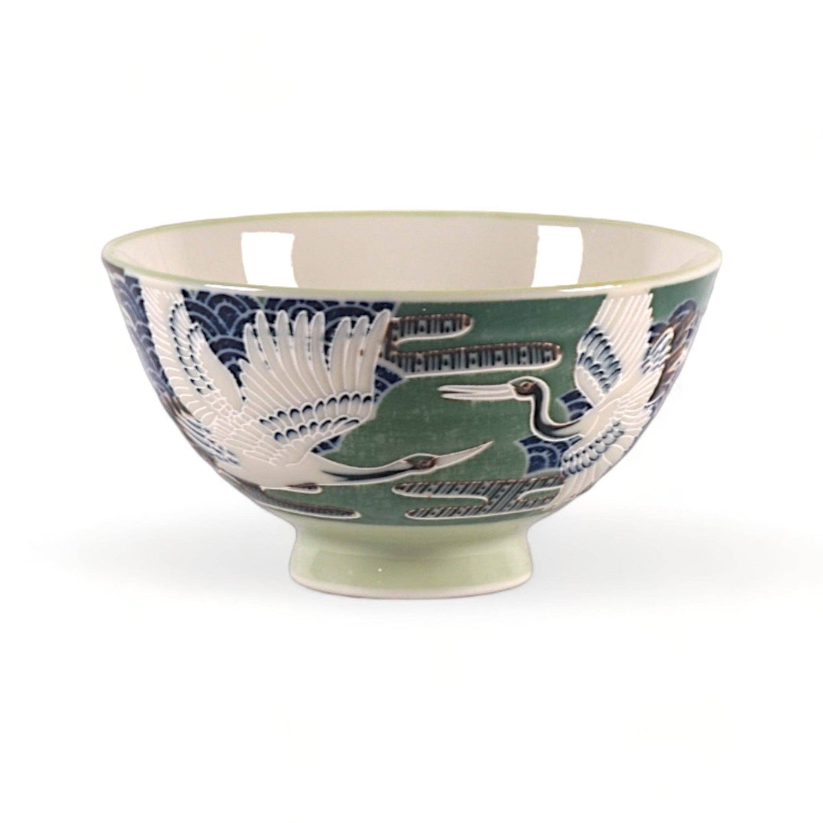 Japanese Crane Green Porcelain Rice Bowl – 4.5 in. Round, 10 oz JP