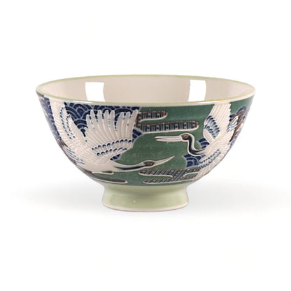 Japanese Crane Green Porcelain Rice Bowl – 4.5 in. Round, 10 oz JP
